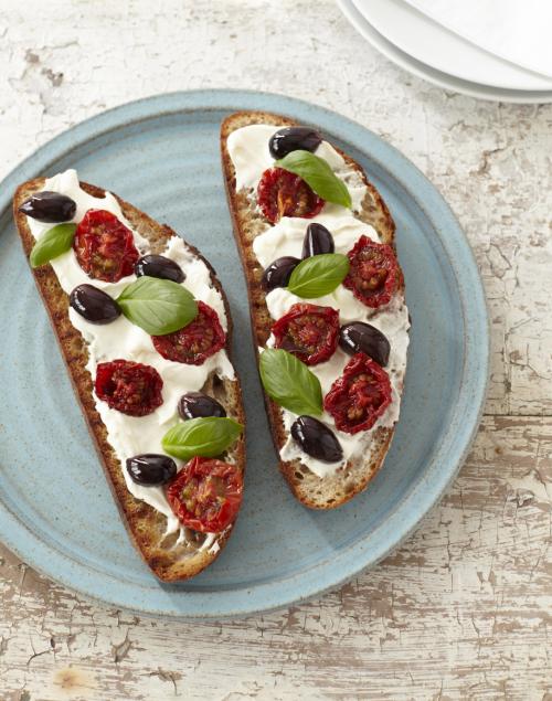 Bruschetta with Oak Smoked Tomatoes, olives and cheese