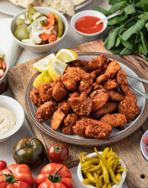 Claire Thomson's Roasted Isle of Wight Tomato Falafel with Tomato Yoghurt, Pickles, Chopped Salad and Flatbread