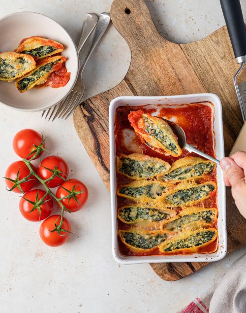 Baked Spinach and Ricotta Shells with Isle of Wight Tomato Sauce
