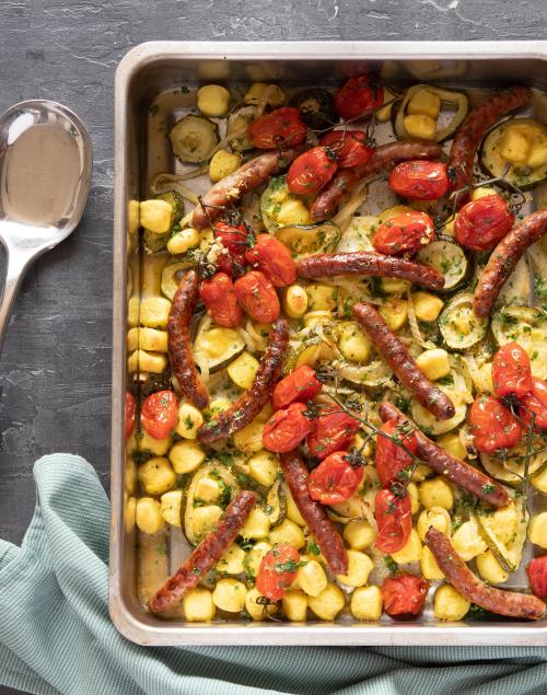 Roasted Gnocchi with Isle of Wight Tomatoes and Chipolatas