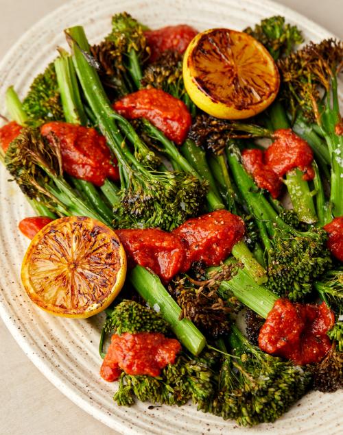 Charred tenderstem broccoli & lemon with Romesco