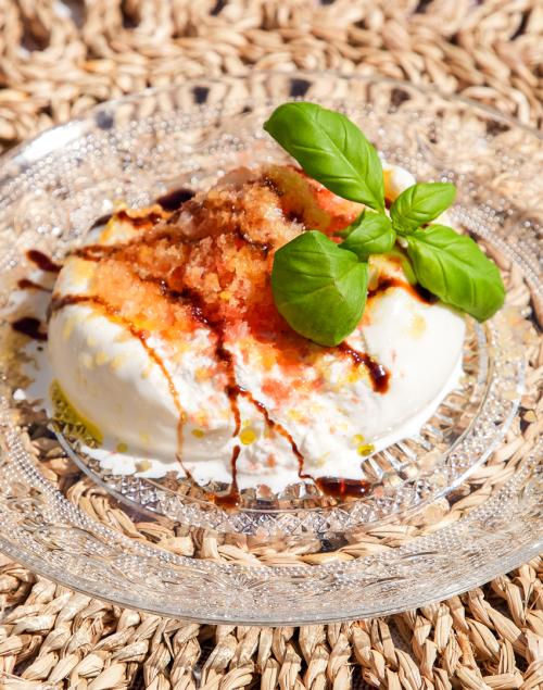 Shaved Frozen Tomatoes over Burrata