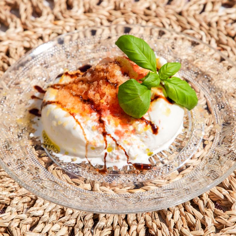 Shaved Frozen Tomatoes over Burrata