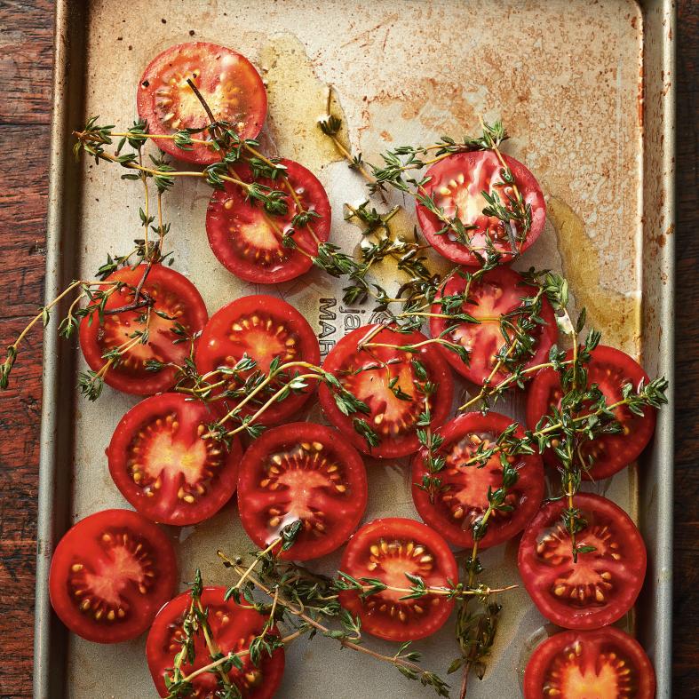 James Martin's Slow-Roasted Tomatoes with Thyme, Bacon & Poached Eggs