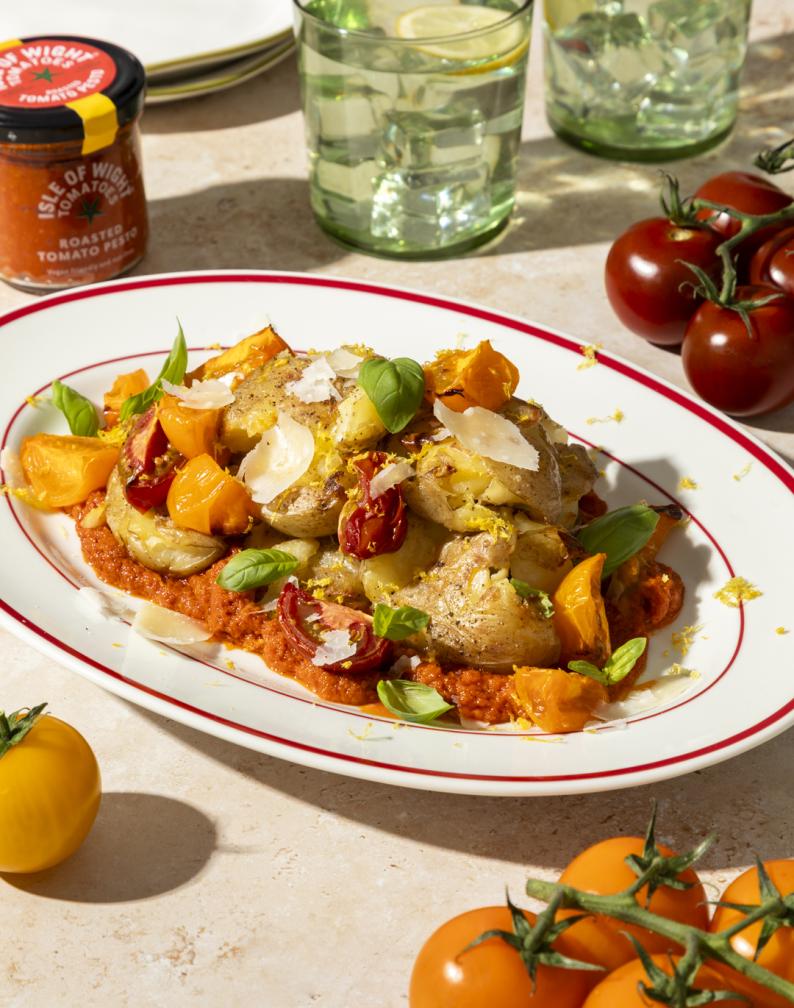 Crispy Smashed Potatoes with Roasted Tomato Pesto & Roasted Tomatoes
