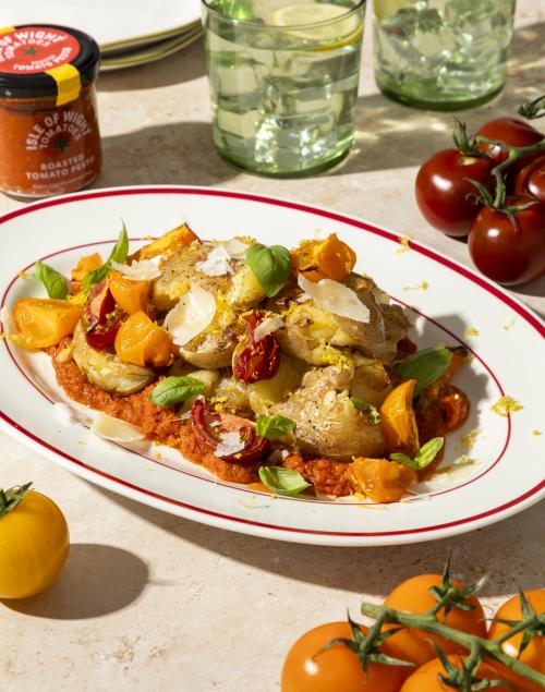 Crispy Smashed Potatoes with Roasted Tomato Pesto & Roasted Tomatoes