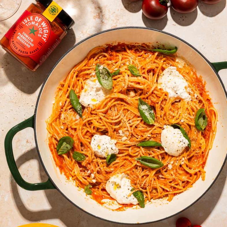 Spaghetti with Burrata, Basil & IOW Tomato Parmigiano Tomato Pasta Sauce