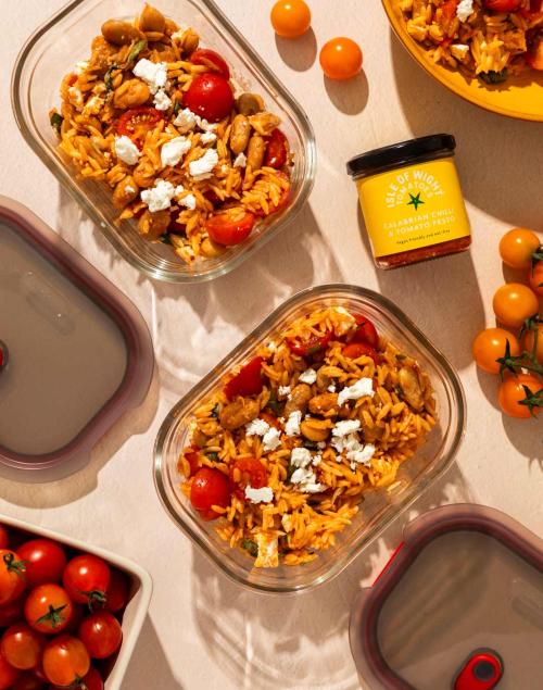 Tomato, Calabrian Chilli Pesto Orzo with Crispy Butter Beans