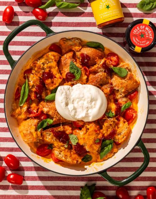 Crispy Calabrian Chilli  and Tomato Bread Pudding with Burrata
